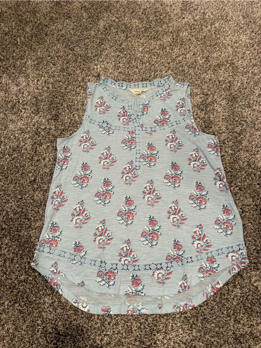 Lucky Brand Women’s Small Blue Floral Crochet Trim Boho Top NWOT